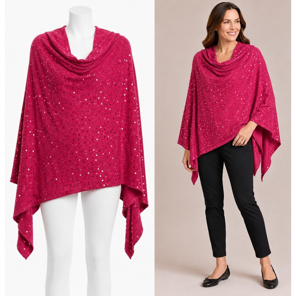 Joan Rivers Sequin Poncho Women O/S Pink Cowl Neck Asymmetrical Sparkle Wrap Top